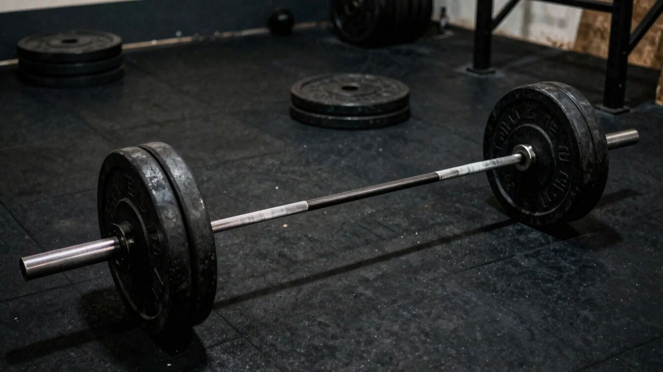 Gritty gym photo of a barbell loaded with iron plates on dark rub