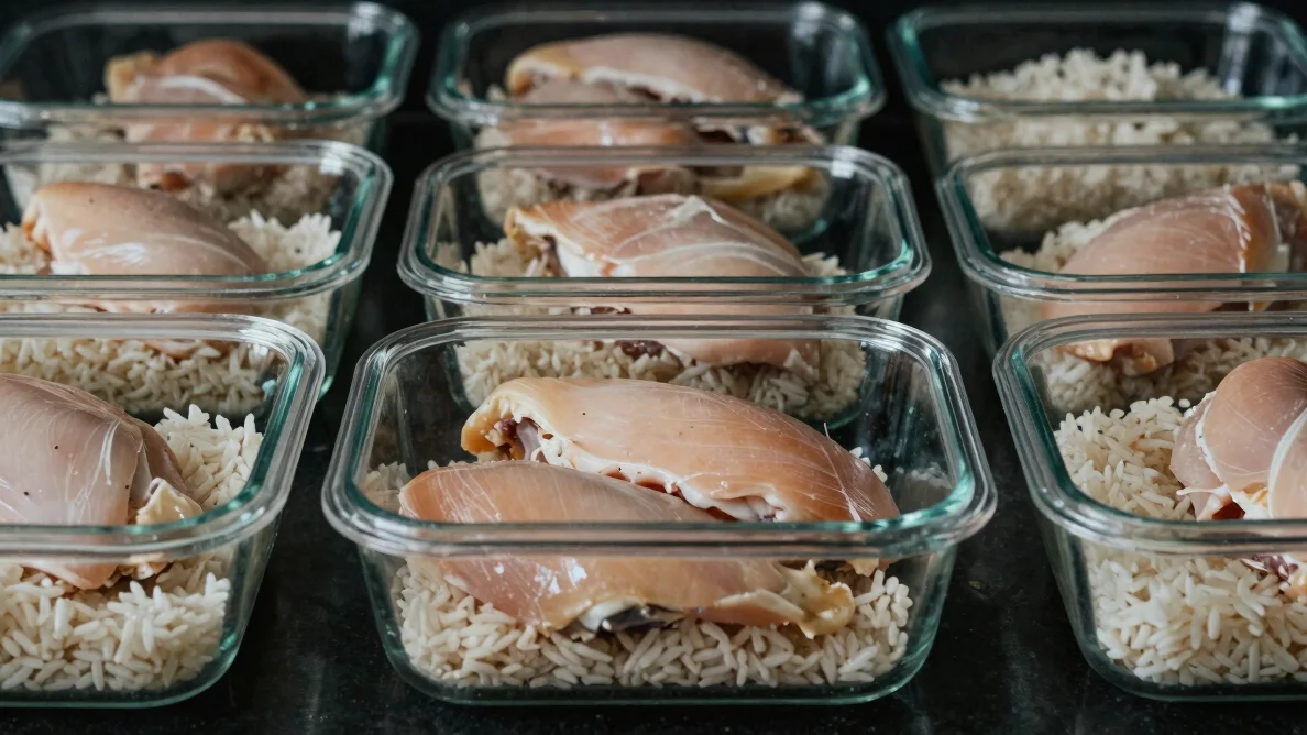 Glass meal prep containers filled with chicken breast and rice ar