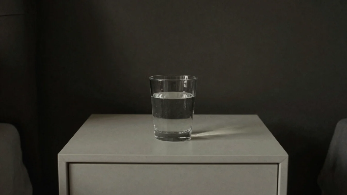Minimalist bedside table with water glass under soft low key ambi