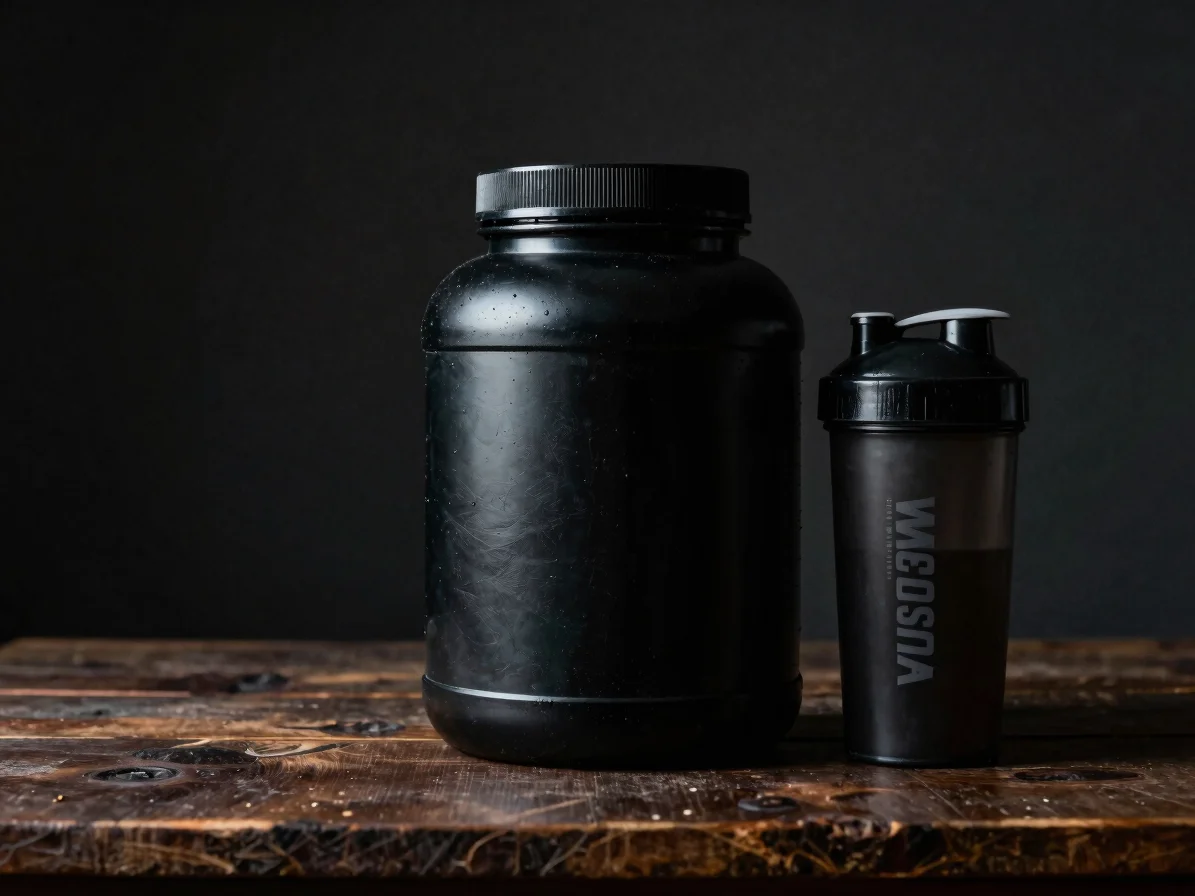 Black tub of protein powder next to a shaker bottle on dark wooden table, dramatic side lighting