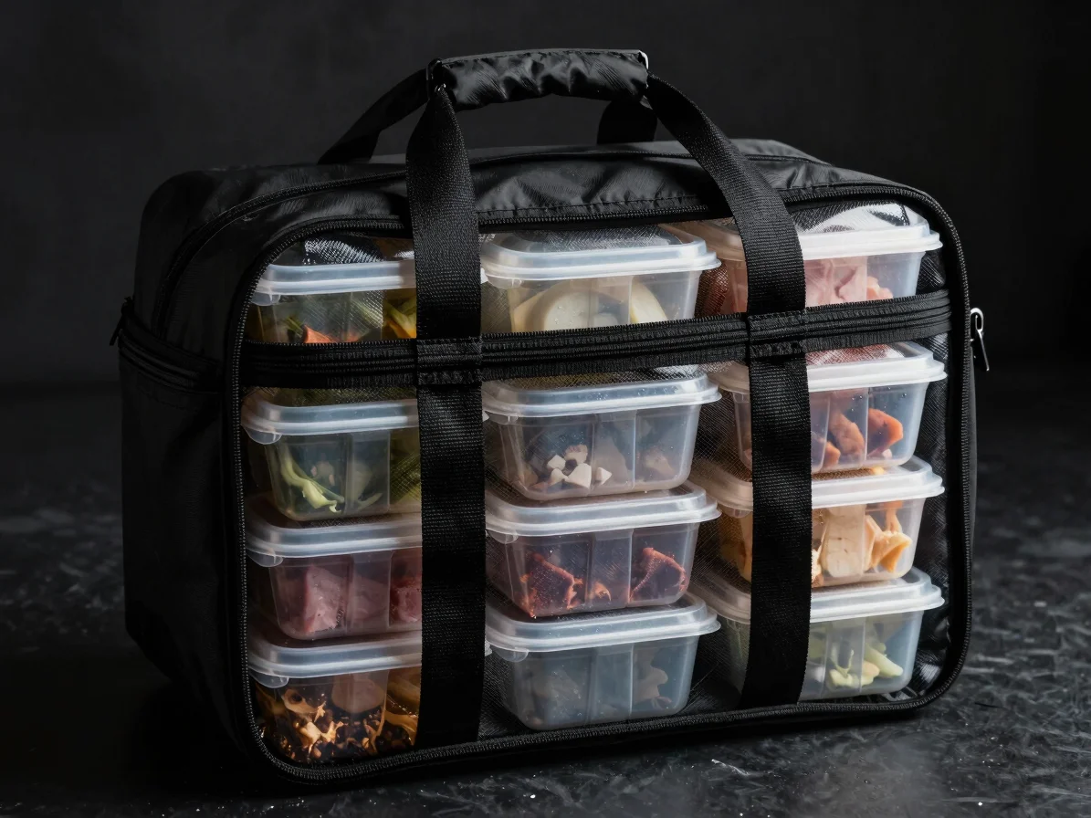 Durable black insulated lunch bag packed with meal containers, raw documentary photograph