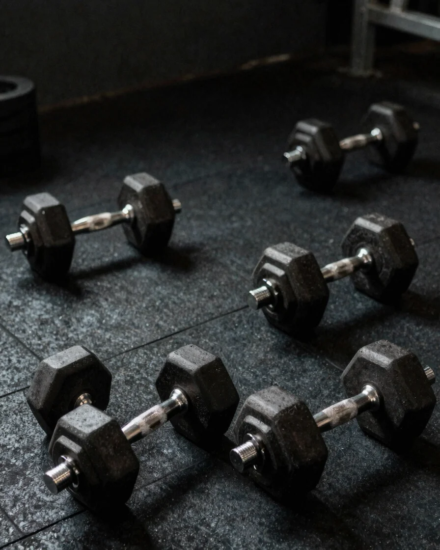Gritty realistic gym photography, dark background, dumbbells and essential training equipment on rubber flooring, raw do