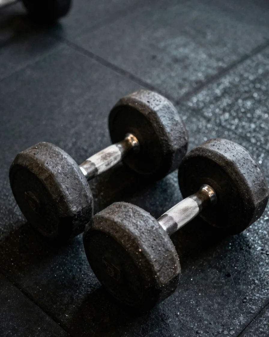 Close up shot of heavy iron dumbbells on dark rubber gym floor, r